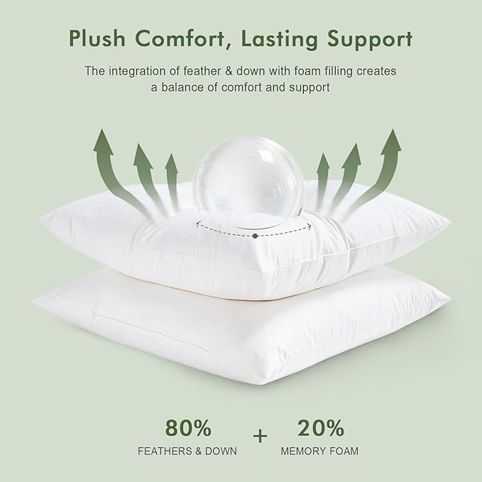 TOPGREEN Feathers Down Throw Pillow Inserts 28x28, Set of 2, 100% Organic Cotton Shell, Soft Decorative Euro Pillow Insert for Living Room Sofa, Couch, or Bed (White)