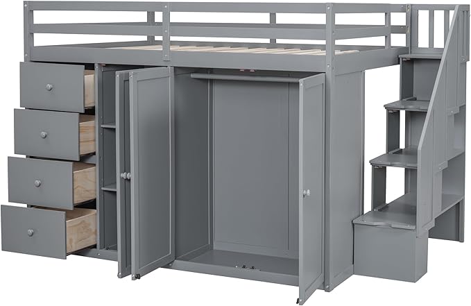 LUMISOL Full Size Loft Bed with Built-in Wardrobes and Drawers, Wood Loft Bed with Storage Stairs and Cabinet, Wood Loft Bed with Multiple Storage, Gray
