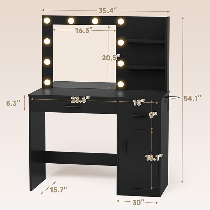 JUMMICO 35.4" Vanity Desk with Mirror and Lights - LED Makeup Vanity Table with Charging Station, 3 Color Adjustable Lights, 3 Drawers & Large Cabinet with Shelves for Bedroom Dressing Room (Black)