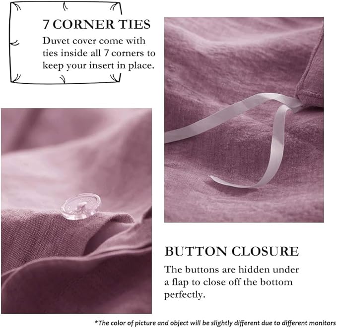 Simple&Opulence 100% French Flax Linen Duvet Cover Set with Embroidery Washed - 3 Pieces (1 Duvet Cover with 2 Pillow Shams) with Button Closure Soft Breathable Farmhouse - Purple, King Size
