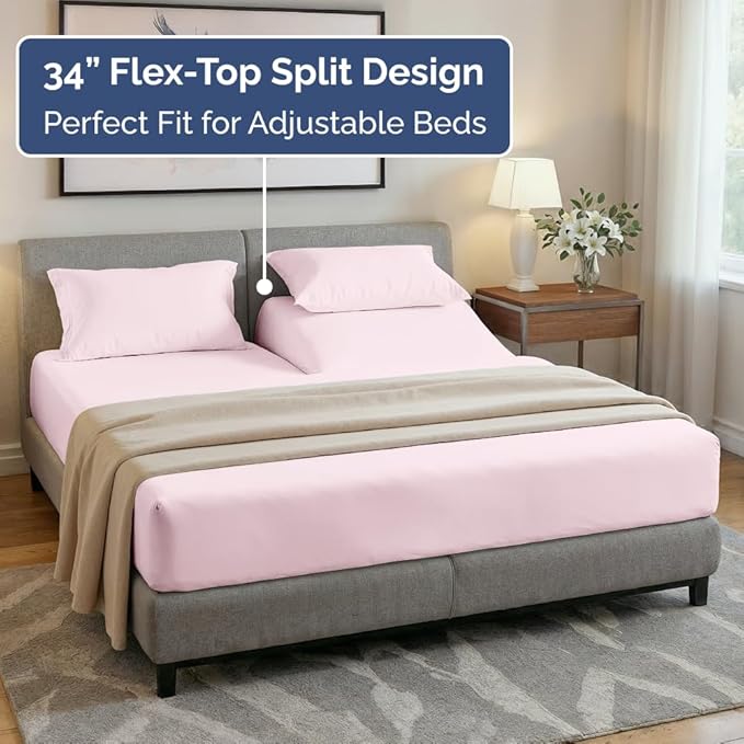Flex Top Split Head King 4 Piece Sheet Set - Ultra-Soft, Breathable & Cooling Bed Sheets Set - Hotel Luxury Bedding for Women & Men with Deep Pockets - Wrinkle & Fade Free - Oeko-Tex - Lavender Pink