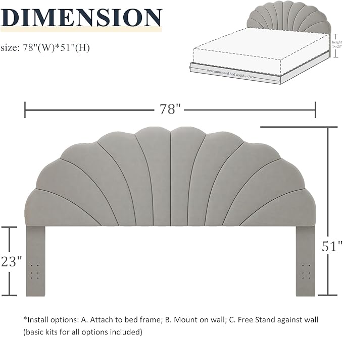 Befurtori King Size Headboard Only, Petal Wall Mount Headboard King/California King Size for Adjustable Bed Velvet Upholstered Head Board Easy Assembly, Gray