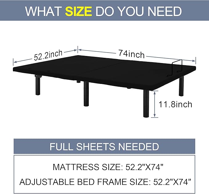 Fromann Adjustable Electric Full Bed Base Frame with Massage,USB Type-C Ports, Zero Gravity, Under Bed Led Lighting and Three Leg Height (Black)
