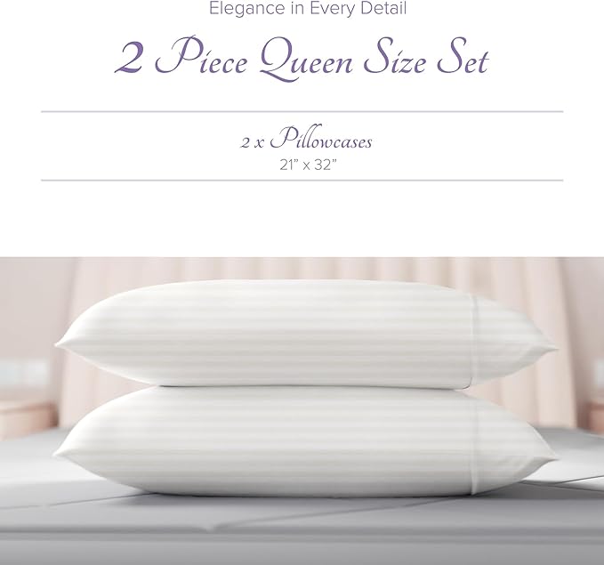 Carressa Linen 100% Egyptian Cotton Pillow Cases Queen Size Set of 2 - Luxury 600 Series Hydrangeas Collection Damask Standard/Queen Size Pillowcases (Ivory Stripe), Soft, Cooling Hotel Quality