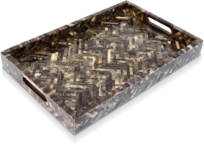 Handicrafts Home 17"x11" Decorative Tray, Resin Inlay Ottoman Coffee Table Tray with Handles, Rectangular Serving Tray for Breakfast, Vanity, Centerpiece Décor