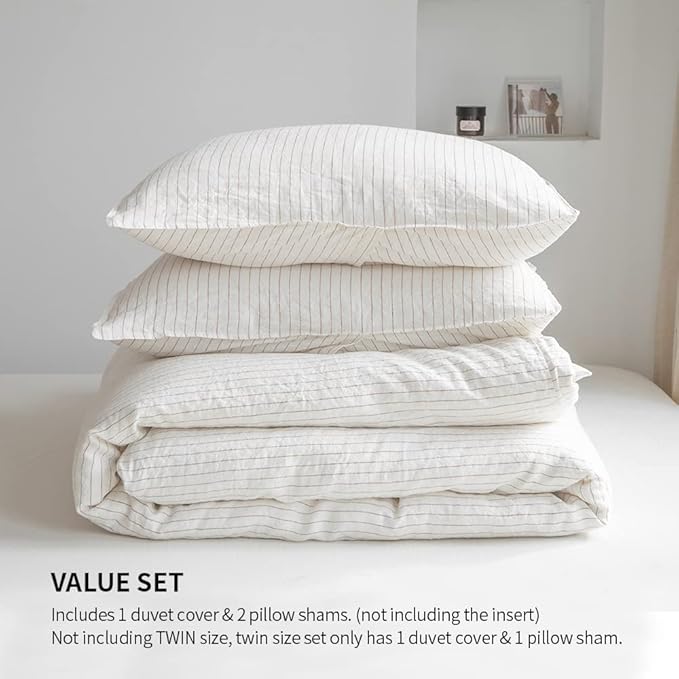 Simple&Opulence 100% Linen Striped Duvet Cover Queen 3pcs, Yarn Dyed Vertical Pinstripe Ticking Pattern Natural French Washed Flax Breathable Farmhouse Bedding - Cinnamon Stripe