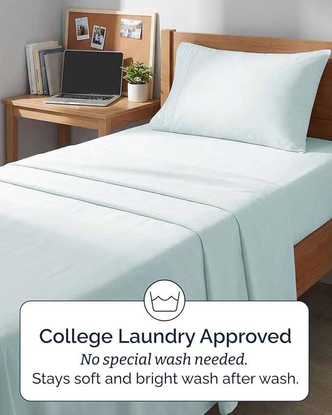 Twin XL 4 Piece Sheet Set - Comfy Breathable & Cooling - Hotel Luxury Bedding for Women, Men, Kids, Teens & Children - 1 Flat & 1 Fitted Sheet & 2 Pillowcases w/ Deep Pockets - Wrinkle Free - Ice Blue