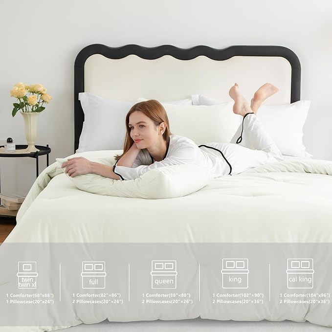 CozyLux Queen Comforter Set Ivory, 3 Pieces Solid Comforters Queen Size Breathable Quilted Bedding Sets, Luxury Soft Lightweight Bed Set with Down Alternative Comforter and 2 Pillowcases All Seasons