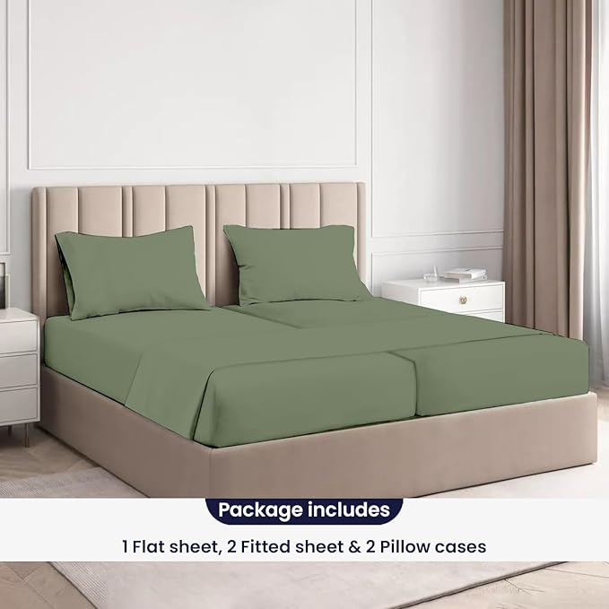 SGI Split King Sheet Set for Adjustable Bed Egyptian Premium Cotton 600 Thread Count Sheets for Sleep Number Bed 15" Deep Pocket 5 Pc Set with 2 Twin XL Fitted Sheets Soft Breathable -Moss