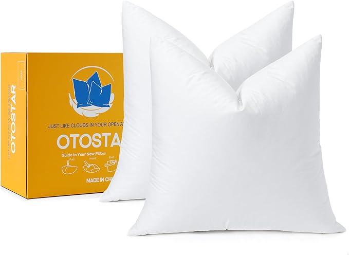 OTOSTAR Pack of 2 Down and Feather Throw Pillow Inserts, 16 x 16 Soft Fluffy Square Pillow Inserts with 100% Cotton Cover Decorative Pillows for Sofa Couch Bed-White