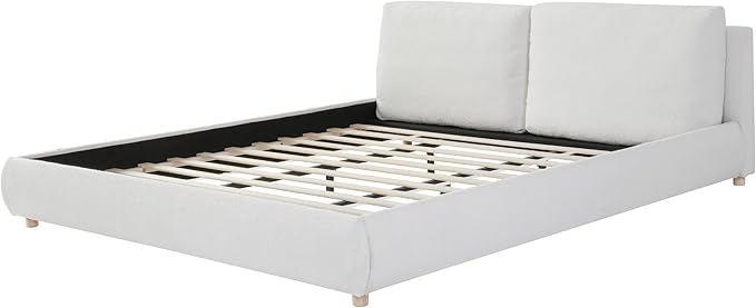Merax King Size Boucle Fabric Upholstered Platform Bed with Two Removable Pillow Headboard, Wood Bed Frame with Solid Round Legs for Kids Teens Adults, White