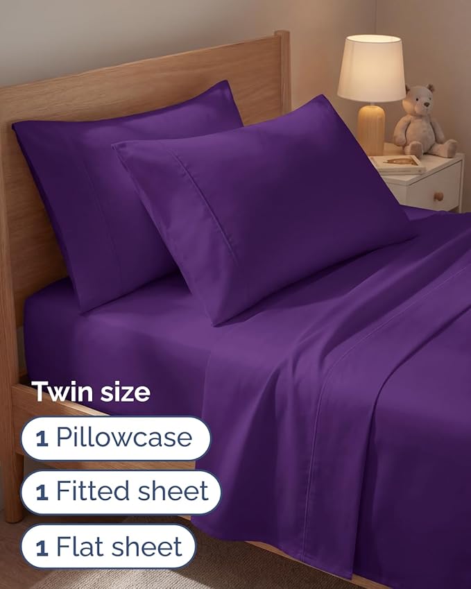 Twin 4 Piece Sheet Set - Comfy, Breathable & Cooling - Hotel Luxury Bedding for Women, Men, Kids, Teens and Children - 1 Flat & 1 Fitted Sheet & 2 Pillowcases w/ Deep Pockets - Wrinkle Free - Purple