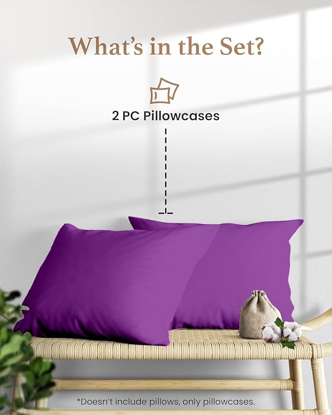1000 TC Purple Standard Pillowcases Set of 2 100% Egyptian Cotton Pillow Cases with Long Staple Cotton & Sateen Weave, Silky Soft Hotel - Like Bed Pillow Covers for Comfy Sleeping, Snug Fit