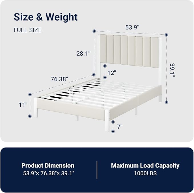 Avenco Full Size Bed Frame with Velvet Upholstered Piano Keys Headboard, Metal Bed Frame Platform Design with Metal Slats for Bedroom Furniture, White