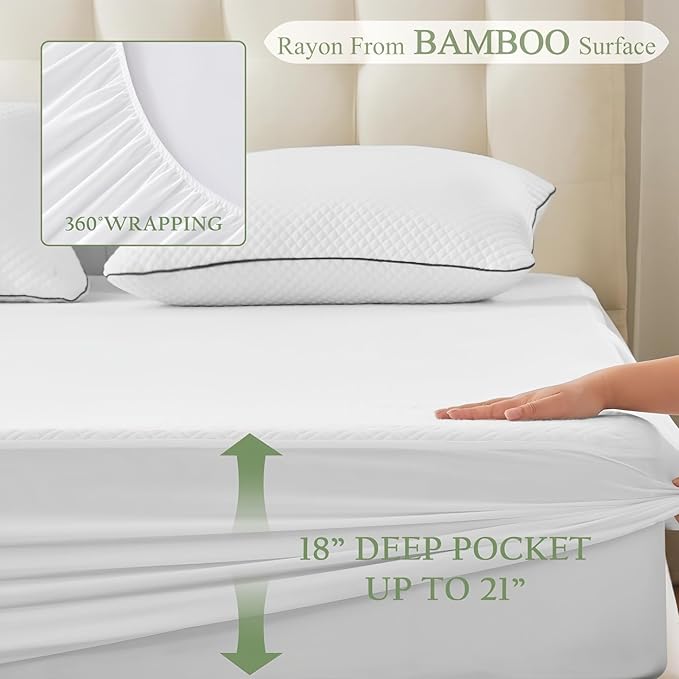 Waterproof Mattress Protector Full Size, Bamboo Rayon Soft Mattress Cover Washable Breathable 3D Air Noiseless Cool Bed Pad Protector, Fitted with Deep Pocket 8''-21''