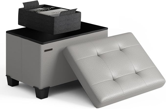 Storage Ottoman Cube with Small Bin, 16-in Square Ottoman with Storage for Living Room and Bedroom, Small Ottomans Foot Rest, Leather Foot Stools Ottomans Max 330lbs, Light Grey