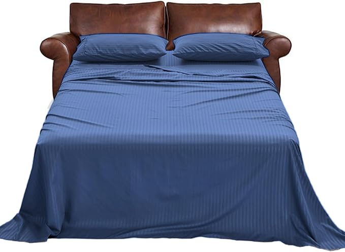 Kingnex Striped Sofa Bed Sheets Queen for Sleeper Sofa Bed Soft Double Brushed 4 Piece Bedding Pillowcase Set (60"x74"x6") Navy
