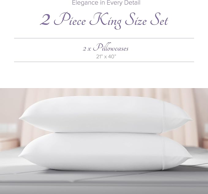 Carressa Linen 100% Egyptian Cotton King Size Pillow Cases Set of 2 - Luxury 600 Series Hydrangeas Collection King Pillowcases (White), Soft Cooling, Sateen Weave Hotel Quality Bed Pillow Cover