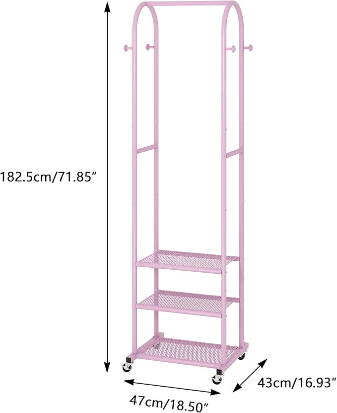 Kaitiemoo Heavy Duty Clothing Rack with Wheels,Modern Garment Rack with 3 Metal Shelves, 71.8Inches Display Rack for Hanging Clothes, Hanging Rod for Small Space,Pink