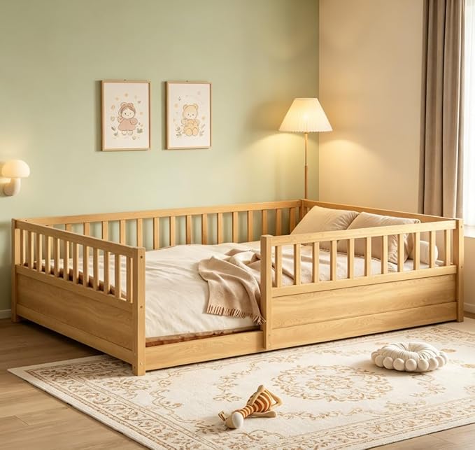 Bellemave Full Floor Bed with high Fence, Solid Pine Wood Montessori Bed for Kids Girls Boys Floor Bed Frame, Natural with slats