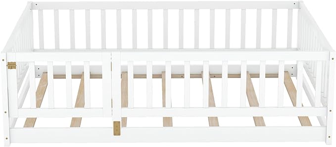 Bellemave Twin Size Montessori Floor Bed with 21.5" High Rails and Slats, Pine,Plywood Floor Bed with Small Door, Natural