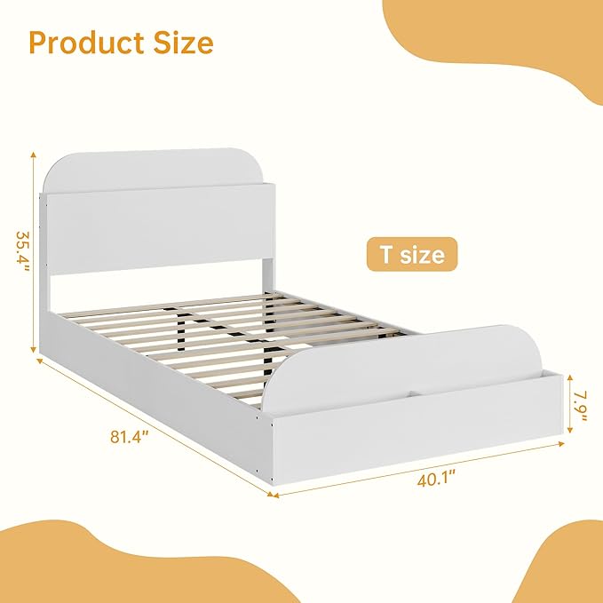 GarveeHome Twin XL Size Bed Frame, Wooden Beds with Storage Headboard and Raised-Foodboard, Twin XL-Floor Low Platform Bed for Bedroom, Sturdy Wooden Slats Support, No Box Spring Needed, White
