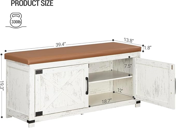 Hzuaneri Shoe Storage Bench, 2 Tier Shoe Bench with Padded Seat Cushion & 2 Barn Doors, Entryway Bench with Adjustable Shelf, Farmhouse Shoe Cabinet for Living Room, Bedroom, Antique White SB26614KA