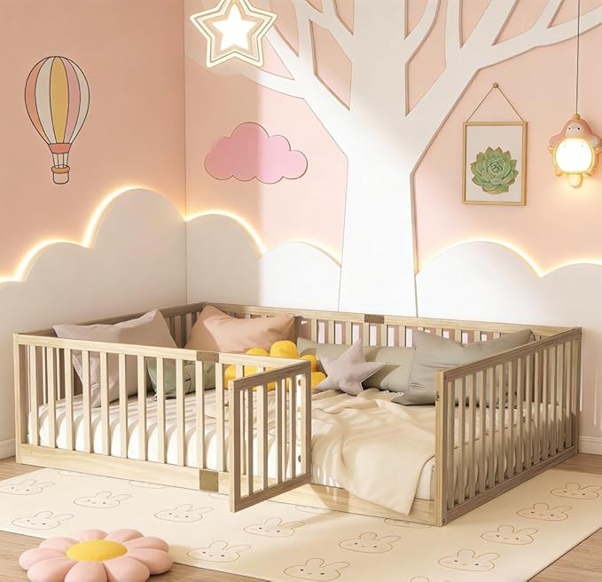 Bellemave Full Size Montessori Floor Bed with 21.5" High Rails, Rubber Wood Full Floor Bed with Slats and Door, Natural