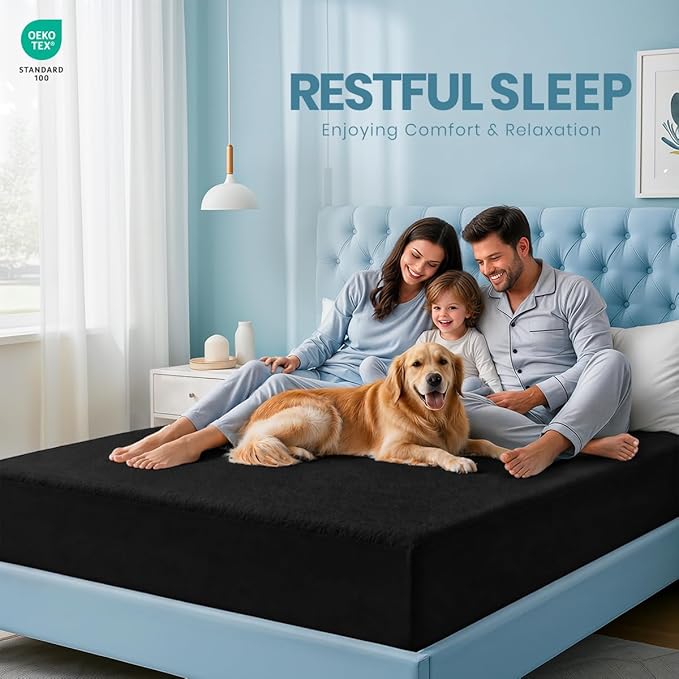 Full Size Mattress Protector Waterproof, Premium 200 GSM Terry Mattress Cover, Soft & Breathable Bed Cover, Fitted Sheet Style Stretchable Deep Pockets 15" by Utopia Bedding (Black)