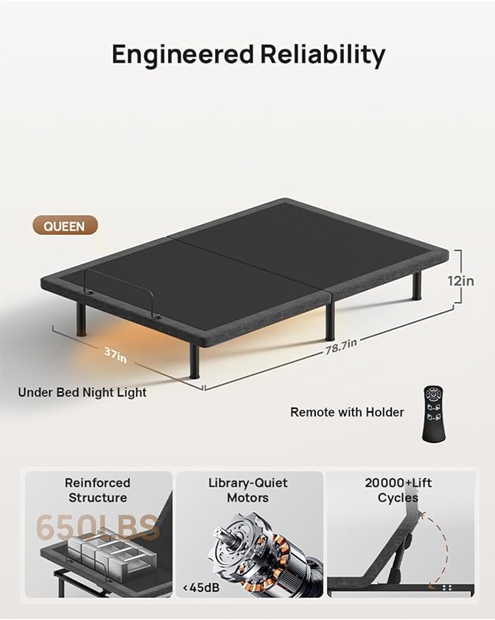 Twin XL Adjustable Bed Frame: Back & Foot Incline Electric Bed Base, Remote Control with Storage Basket, USB-A & USB-C Both Sides Charging, 3 Heights Under-Bed Lighting, Easy Assembly Zero Gravity