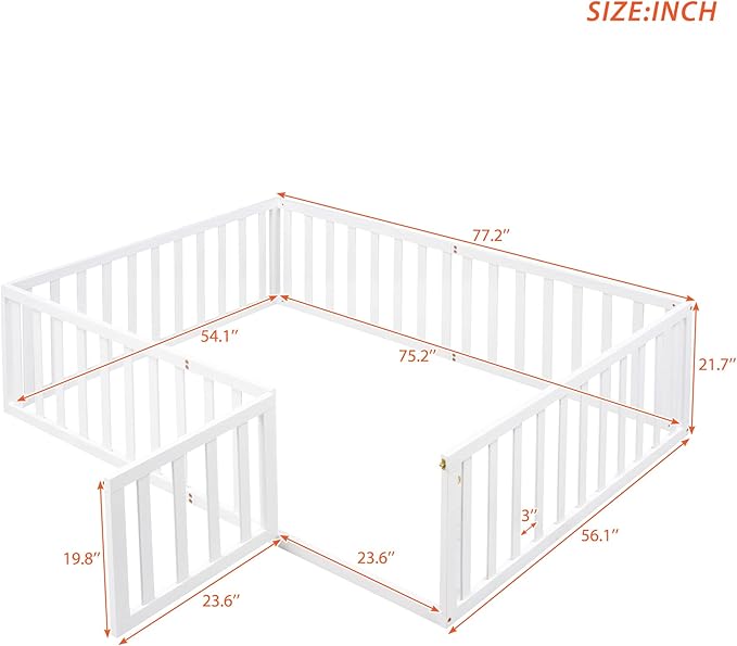 Bellemave Full Size Montessori Floor Bed with 21.7" High Rails, Pine,Plywood Floor Bed with Small Door, White