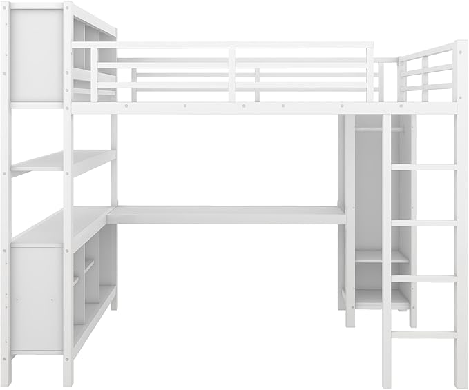Full Size Loft Bed with L Shaped Desk, Wardrobe and Storage Shelves, Metal Heavy Duty Loft Bed Frames with Ladder and Guardrails for Kids, Teens, Juniors, Space Saving (White, Full)
