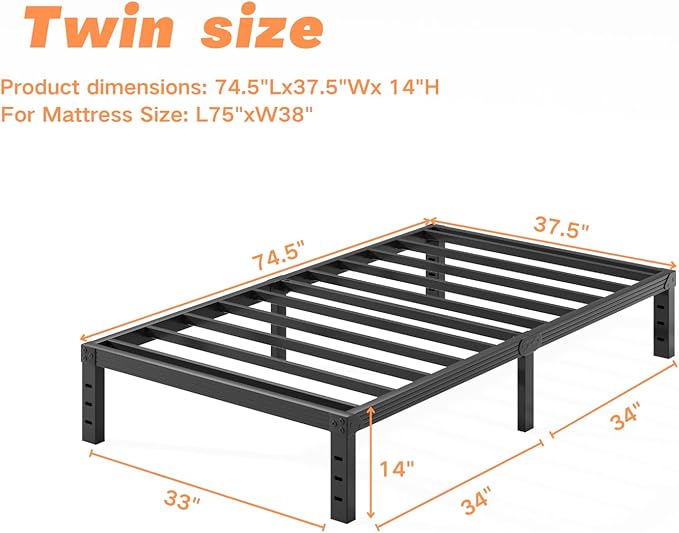 14 inch Twin Bed Frame No Box Spring Needed, 1000 lbs Heavy Duty Metal Platform Bed Frames, Non-Slip and Noise-Free Mattress Foundation, Black