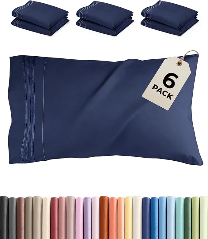 King Pillow Cases Set of 6 - Ultra Soft Hotel Quality Pillowcase Covers - Comfy. Cozy & Wrinkle Free - Shrink, Stain and Fade Resistant - Machine Washable Pillow Protectors - 6 Piece Set - Navy Blue