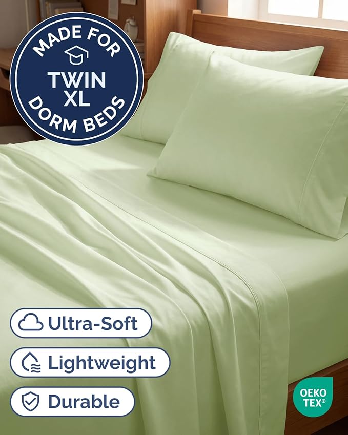 Twin XL 4 Piece Sheet Set - Comfy, Breathable & Cooling - Soft Hotel Luxury Bedding for Women, Men, Kids, Teens and Children - 1 Flat & 1 Fitted Sheet & 2 Pillowcases with Deep Pockets - Light Sage