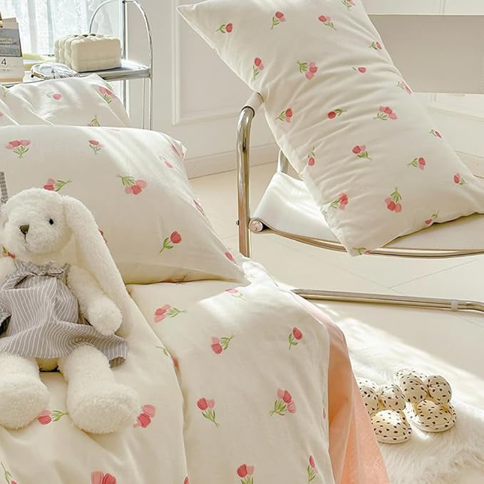 Nayoroom Pink Floral Duvet Cover Twin Size Cute Tulip Printed on White Comforter Cover 2Pcs Kids Girls Kawaii Cottagecore Bedding Set with Zipper Closure Soft Breathable Microfiber