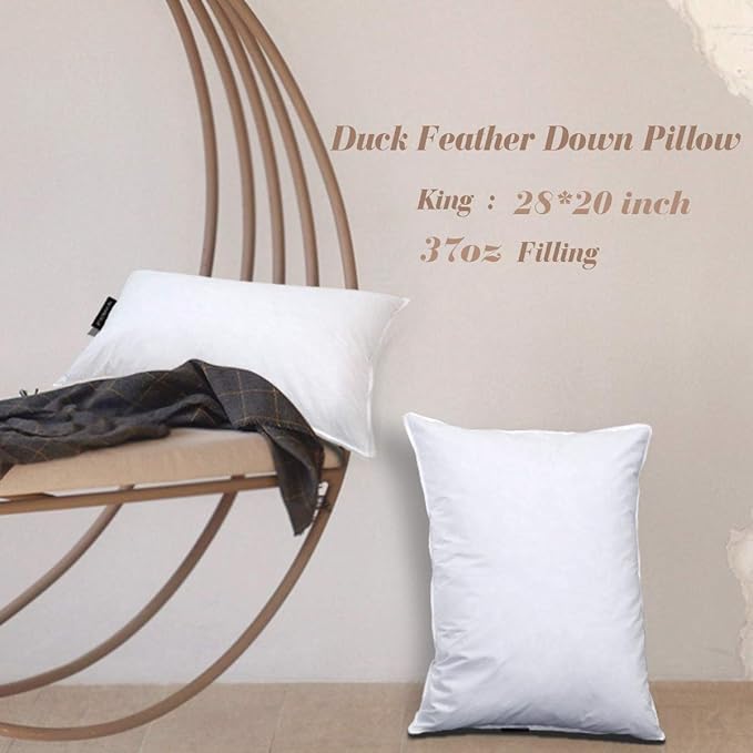 JA COMFORTS Duck Feather Down Bed Pillows for Sleeping(2 Packs)-Queen(20IN×30IN),High Filling Weight,600 Thread Count,Double-Layer Downproof Fabric Design,10% Duck Down,Cotton Cover,White
