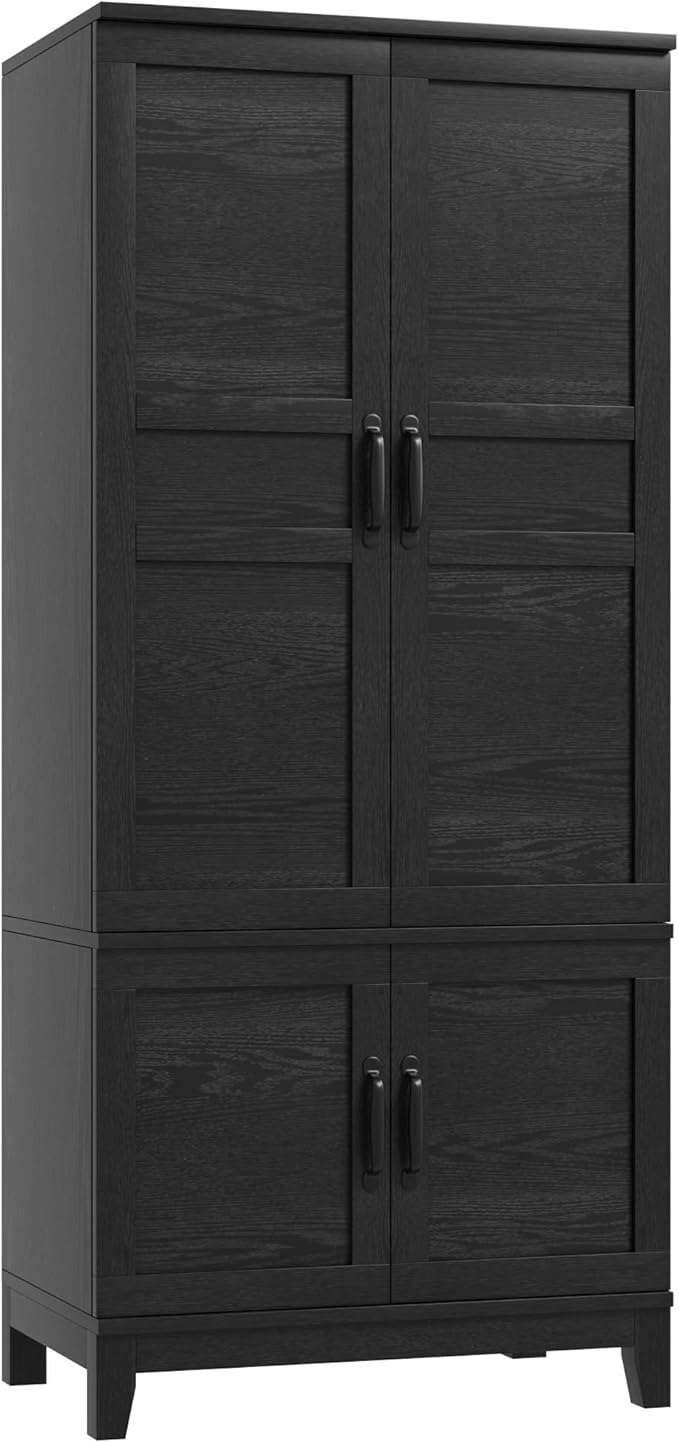 IDEALHOUSE Armoire Wardrobe Closet with 4 Doors, 72" Tall Wooden Clothing Wardrobe with Hanging Rod & DIY Adjustable Shelf, Heavy Duty Bedroom Armoire Storage Cabinet, Rustic Black