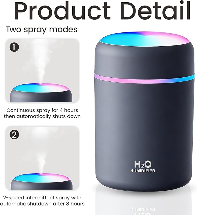 Portable Colorful Cool Mini Humidifier,Aroma Essential USB Personal Desktop Humidifier,. Perfect for Bedroom, Office & Car(300ml, White) (grey)