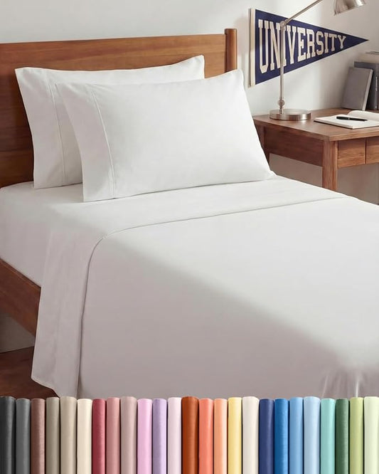 Twin XL 4 Piece Sheet Set - Comfy, Breathable & Cooling - Hotel Luxury Bedding for Women, Men, Kids, Teens and Children - 1 Flat & 1 Fitted Sheet & 2 Pillowcases w/ Deep Pockets - Wrinkle Free - White