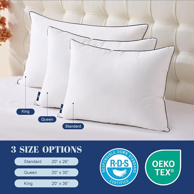 Feather Down Pillows Standard Size Set of 2, Luxury Hotel Collection Bed Pillow 2 Pack, Airyfil™ Powered Fillings & Feathers Pillow，Fluffy Plush for Side Sleepers, Medium Firm, 20x26 in.