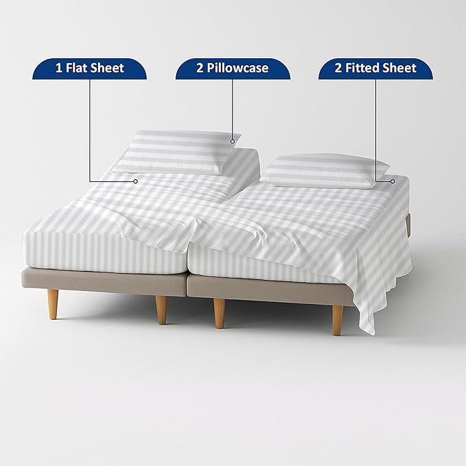 5 Piece Split King Sheet Set, 100% Egyptian Cotton, 16 Inch Deep Pockets, White Stripe, Soft Cooling Sheets for Adjustable Beds, Sleep Number Beds, Split King Mattress Sheet Set