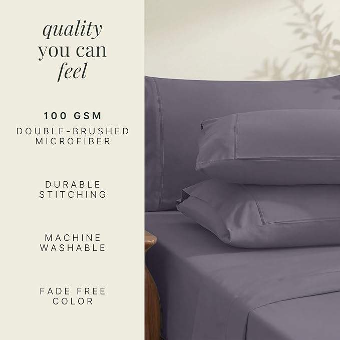 Hearth & Harbor Bed Sheets, Luxury Soft 6 Piece Bed Sheet Set Extra Deep Pocket Fitted Sheets Fits Mattress up to 21", Double Brushed Bedding Sheets & Pillowcases, Twin, Purplish Gray