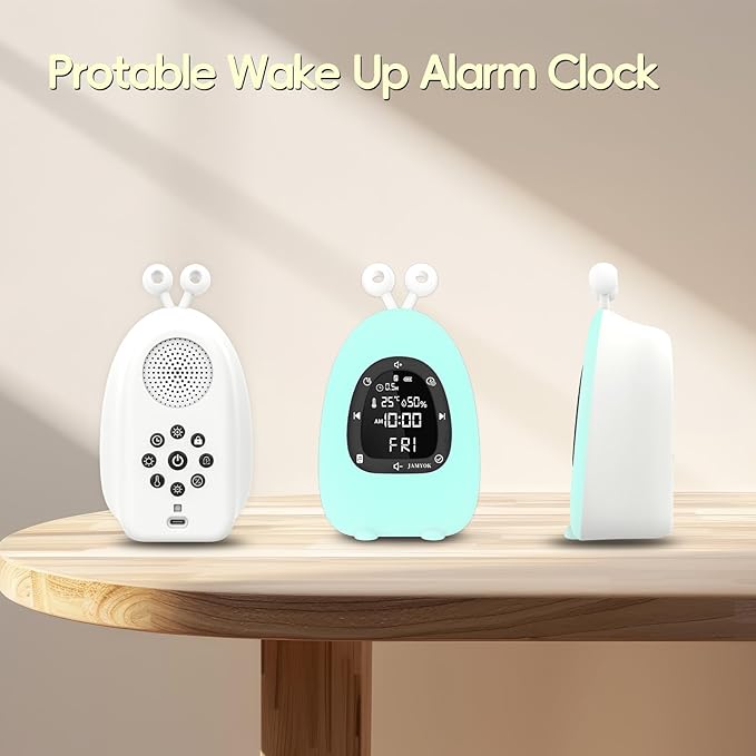 Sunrise Alarm Clock Wake Up Light, White Noise Sound Machine with 20 Soothing Sounds, 10 Night Lights, Wireless Speaker/Temp & Humidity/Rechargeable, Dimmable Clock Gift for Baby Kids Adults