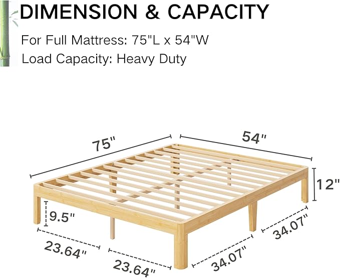 12 Inch High Bamboo Wood Full Size Bed Frame, Metal Slats Support Bed Frames Full, Reinforced, Noise Free, No Box Spring Needed, Easy Assembly