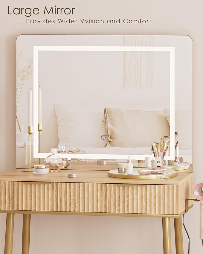 Vanity Desk with Large Mirror and Lights, Small Makeup Vanity Table with 2 Drawers, Dressing Table with 3 Adjustable Lighting Color, Small Makeup Desk for Bedroom, Natural with Gold Leg