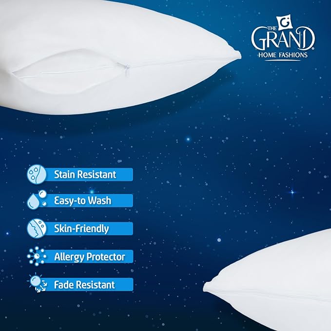 The Grand Pillow Covers Queen Size - Poly-Cotton Pillow Protector with Zipper - Moisture Wicking, Advanced Allergy Protection Pillow Protector - Protects Pillow from Dust, Dirt, and Debris (2 Pack)