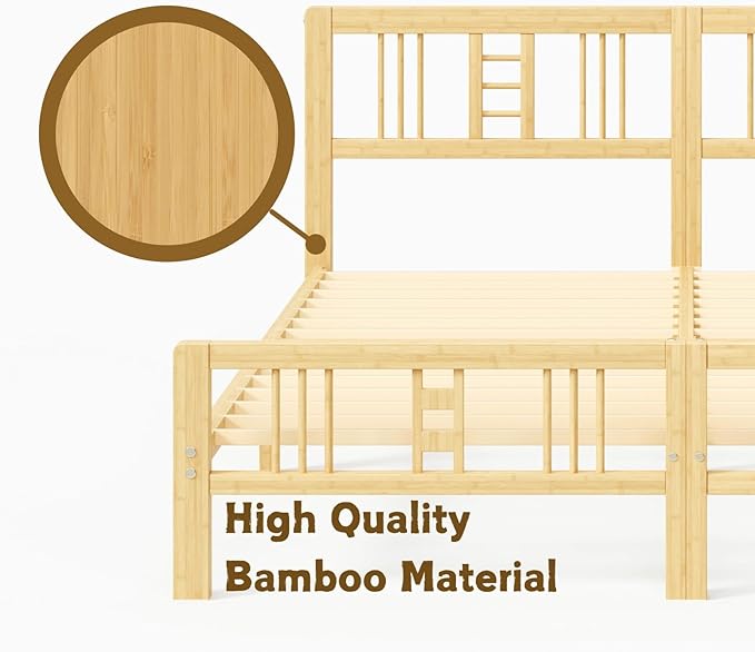 14 Inch High Bamboo King Bed Frame with Headboard and Footboard, Wood Bed Frame King Metal Slat Support Heavy Duty, No Box Spring Needed, Easy Assembly, Noise Free, Reinforced