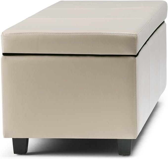 SIMPLIHOME Avalon Storage Ottoman Bench - 48" Wide x 16" High Upholstered Vegan Leather Rectangular Lift-Top Ottoman in Satin Cream, Contemporary Storage Bench for Living Room with High-Density Foam