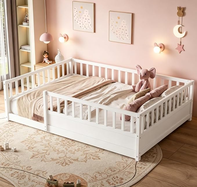 Bellemave Full Floor Bed with high Fence, Solid Pine Wood Montessori Bed for Kids Girls Boys Floor Bed Frame, White with slats